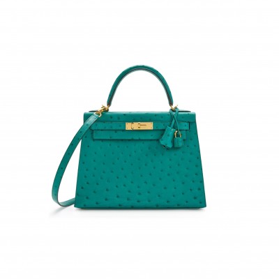 HERMÈS MASTER VERT VERONE OSTRICH KELLY SELLIER 25 GOLD HARDWARE (25*17*7cm) 
